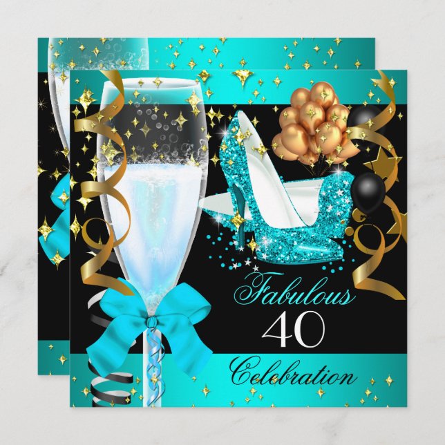 Invitation 40 Fabuleux Turquoise Blue Gold 40e fête d'anniver (Devant / Derrière)