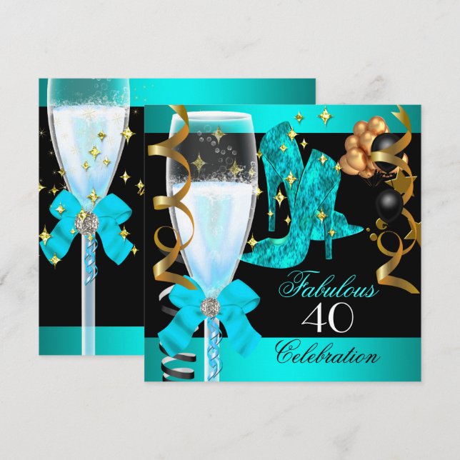Invitation 40 Fabuleux Turquoise Blue Gold 40e fête d'anniver (Devant / Derrière)