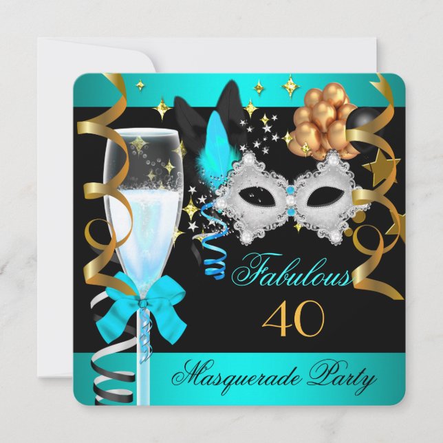 Invitation 40 Fabuleux Turquoise Blue Gold Masquerade Party (Devant)