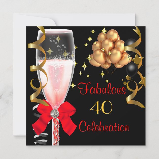 Invitation 40 & Fabulosité Fête d'anniversaire Rouge Noir Or (Devant)