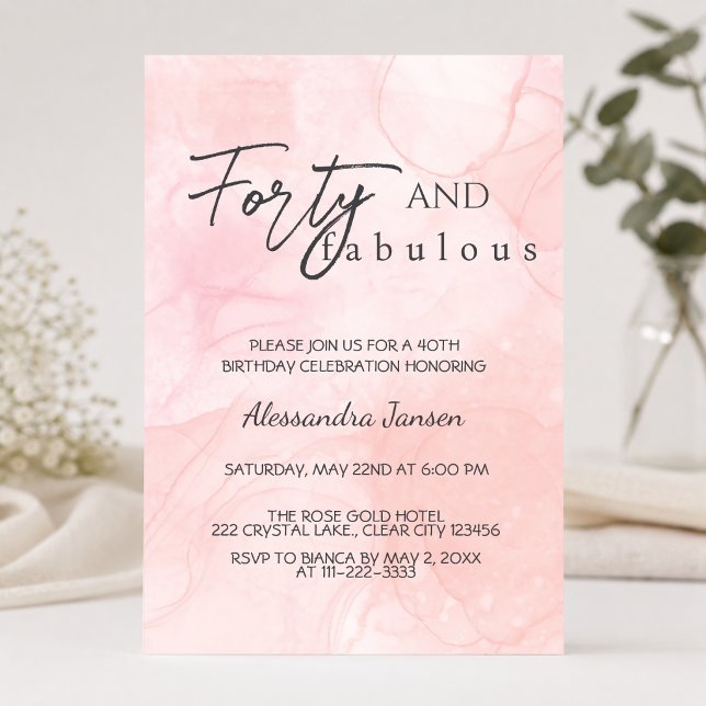 Invitation 40 & Fabulous Blush Aquarelle 40e Anniversaire (Créateur téléchargé)