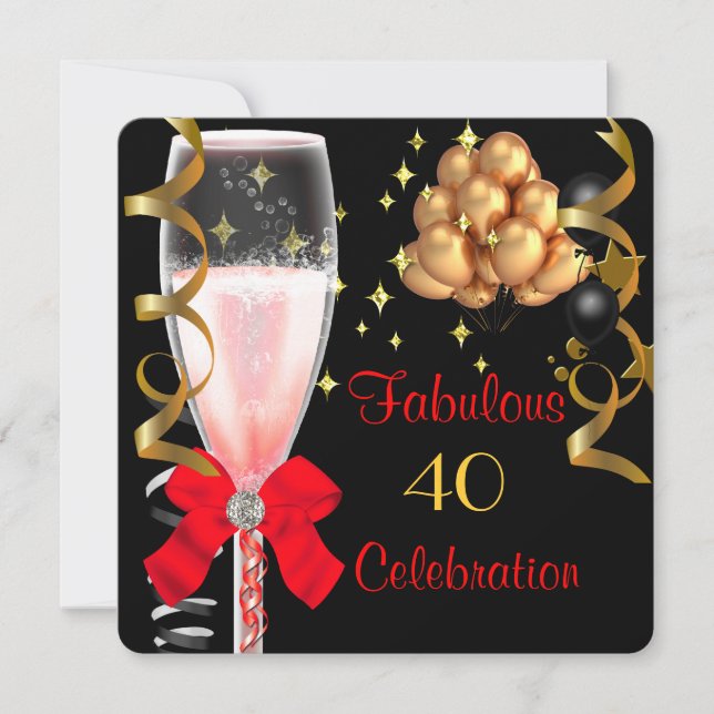 Invitation 40 & Fabulous Red Black Gold fête d'anniversaire (Devant)