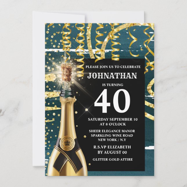 Invitation 40 jalon vin mousseux or bleu parties scintillant  (Devant)
