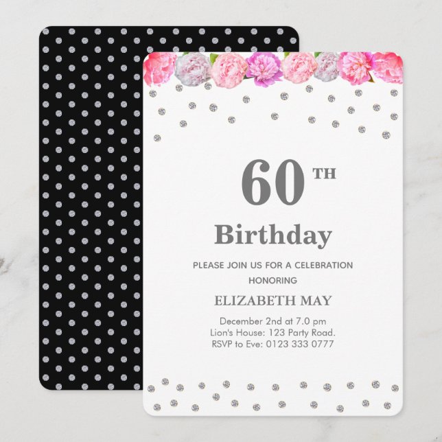 Invitation 40e, 60e anniversaire floral avec diamants (Devant / Derrière)