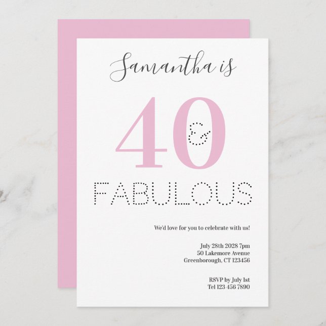 Invitation 40e anniversaire 40 et Fabulous Pink Party (Devant / Derrière)
