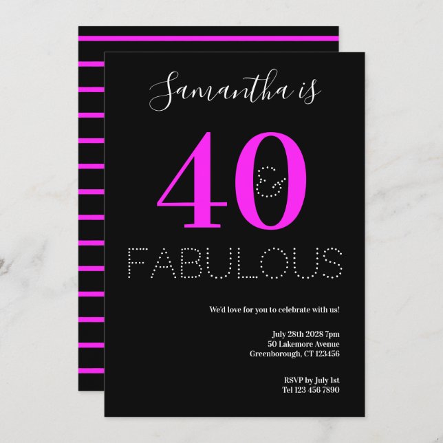 Invitation 40e anniversaire 40 Fabuleux Neon Pink Party (Devant / Derrière)