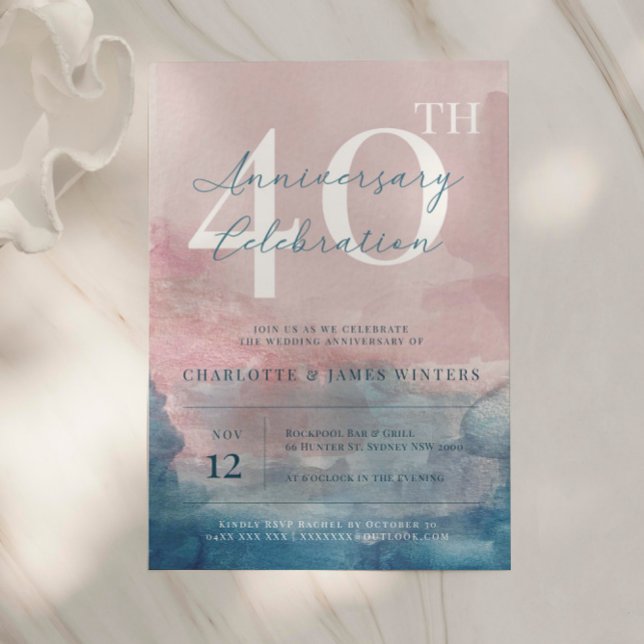 Invitation 40e anniversaire aquarelle rose et bleu (Créateur téléchargé)