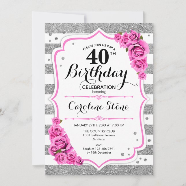 Invitation 40e anniversaire - Argent blanc rayures rose Roses (Devant)