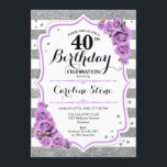 Invitation 40e anniversaire - Argent blanc rayures Roses viol<br><div class="desc">40th Birthday Invitation Élégant blanc lavande violet argent avec fausse parties scintillant. Bandes d'argent et de blanc avec roses de lavande violette. Parfait pour une soirée de quarantième anniversaire.</div>