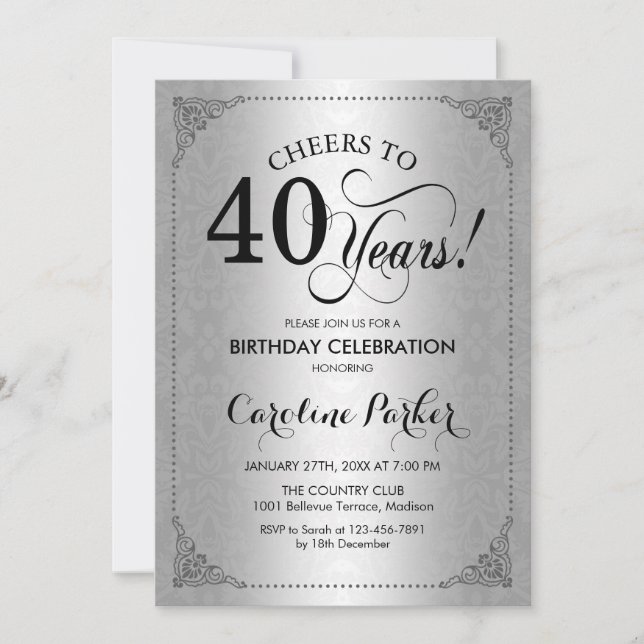 Invitation 40e anniversaire - Argent Damask (Devant)