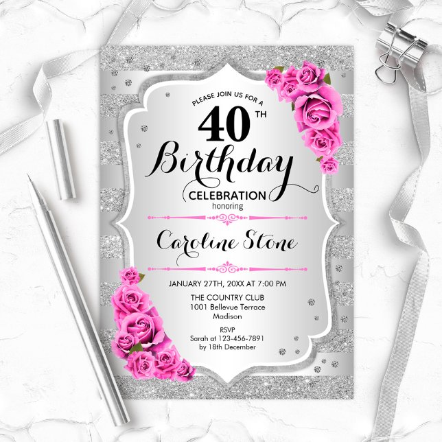 Invitation 40e anniversaire - Argent rayures roses roses rose (Créateur téléchargé)