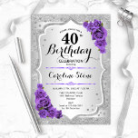 Invitation 40e anniversaire - Argent Stripes Rose pourpre<br><div class="desc">Invitation du 40e anniversaire. Design floral élégant en argent et violet. Comprend des bandes d'argent faux parties scintillant,  des polices de caractères et des confettis de style rose violet. Parfait pour une fête d'anniversaire glam.</div>