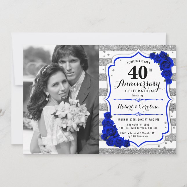 Invitation 40e anniversaire avec photo - Argent bleu saphir (Devant)