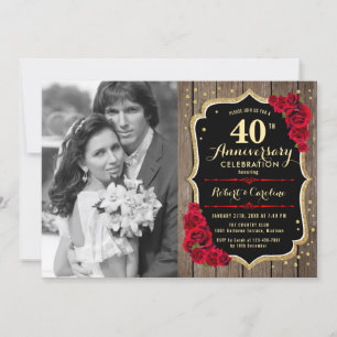 Invitation 40e anniversaire avec photo - Bois et Roses rouges