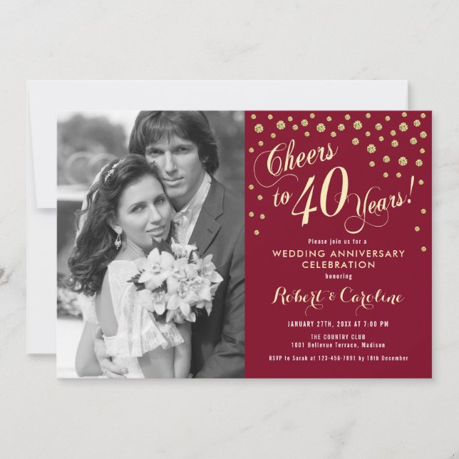 Invitation 40e anniversaire avec photo - Gold Ruby Red (Devant)