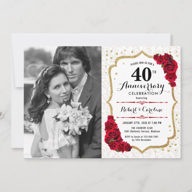 Invitation 40e anniversaire avec photo - Or rouge rubis (Devant)