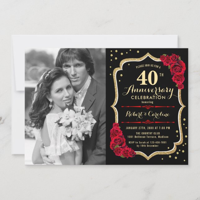 Invitation 40e anniversaire avec photo - Roses rouges or noir (Devant)