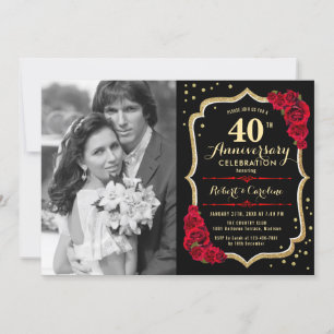 Invitation 40e anniversaire avec photo - Roses rouges or noir