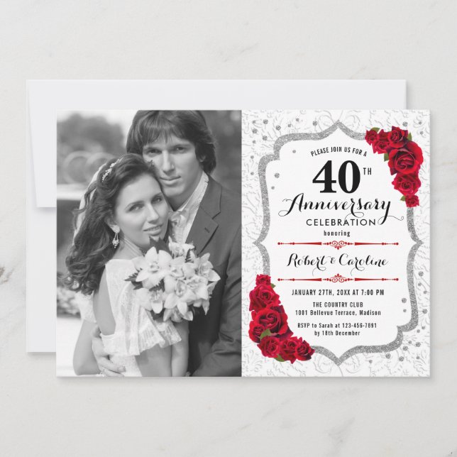 Invitation 40e anniversaire avec photo - Rouge rubis argent (Devant)