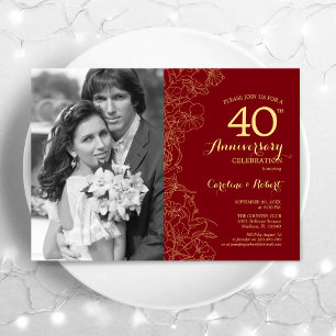 Invitation 40e Anniversaire Avec Photo Ruby Red Gold Floral