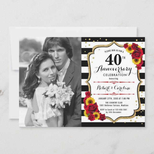 Invitation 40e Anniversaire avec Photo - Tournesols Roses (Devant)