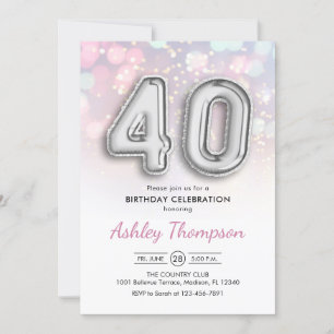 Invitation 40e anniversaire - Ballons d'argent Lumières rose