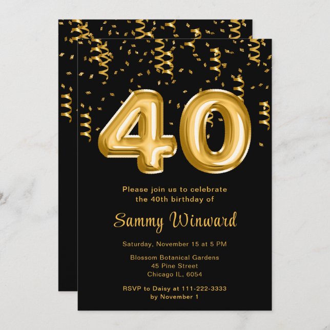 Invitation 40e anniversaire Ballons d'or avec Confetti (Devant / Derrière)
