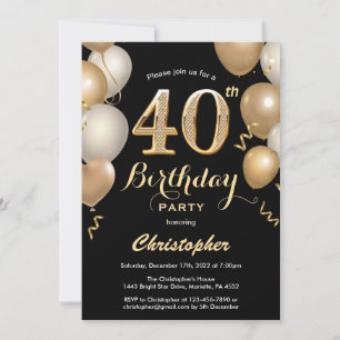 Invitation 40e anniversaire Ballons Noir et Or Confetti