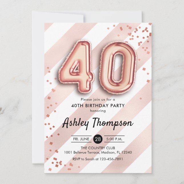 Invitation 40e anniversaire - Ballons Roses en or (Devant)