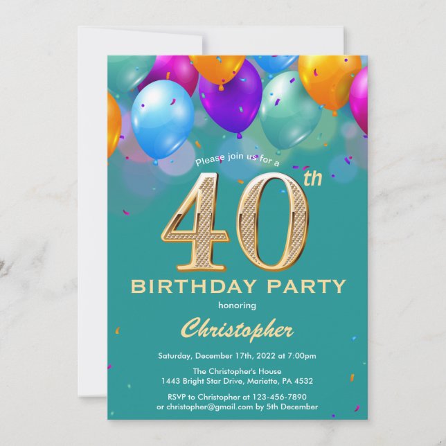Invitation 40e anniversaire Ballons Turquoises et dorés (Devant)