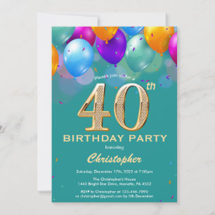 Invitation 40e anniversaire Ballons Turquoises et dorés