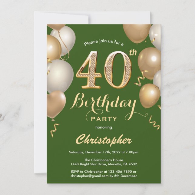 Invitation 40e anniversaire Ballons verts et or Confetti (Devant)