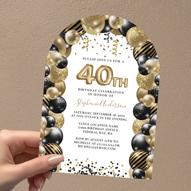 Invitation 40e anniversaire Balloon Gold Black Sparkle Invita (40th Birthday Balloon Gold Black Sparkle Invitatio Invitation)