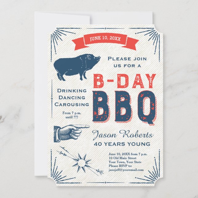 Invitation 40e anniversaire BBQ Party Tous Vintages américain (Devant)