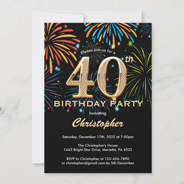 Invitation 40e anniversaire Black and Gold Rainbow Fireworks (Devant)