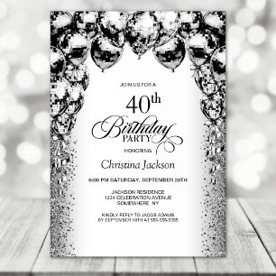 Invitation 40e anniversaire Black and White Balloons Party