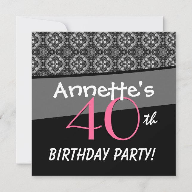 Invitation 40e anniversaire Black White Pink Ornate Diamonds  (Devant)