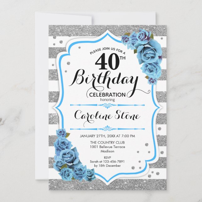 Invitation 40e anniversaire - Bleu Argent Blancs (Devant)