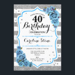 Invitation 40e anniversaire - Bleu Argent Blancs<br><div class="desc">Invitation du 40e anniversaire. Design élégant en parties scintillant fausse argent,  blanc et turquoise aqua bleu. Doté d'un fort élégant,  rayures et roses bleus. Parfait pour une soirée d'anniversaire élégante. Peut être customisé à n'importe quel âge.</div>