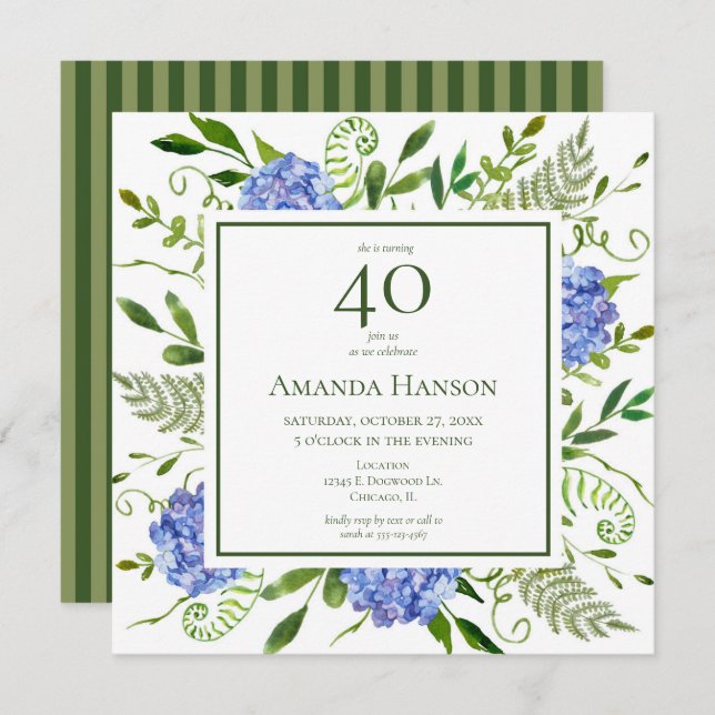 Invitation 40e anniversaire Blue Hydrangeas (Devant / Derrière)