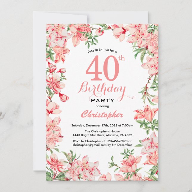 Invitation 40e anniversaire Boho rose fleurs botaniques flora (Devant)