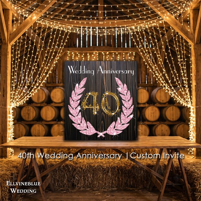 Invitation 40e anniversaire | Bois rustique, rubis et or (40th Wedding Anniversary Invite | Rustic Wood & Ruby Laurel. Size: 5.25” x 5.25”)