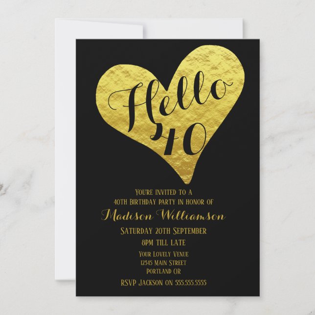 Invitation 40e anniversaire Bonjour 40 Black et Faux Gold Hea (Devant)