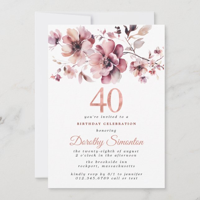Invitation 40e anniversaire Bourgogne Dusty Blush rose floral (Devant)