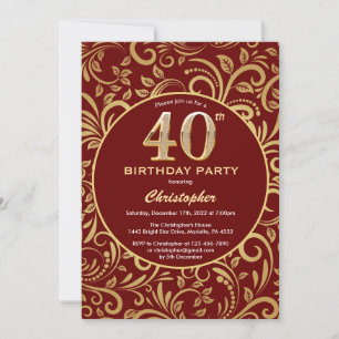 Invitation 40e anniversaire Bourgogne rouge et or modèle flor