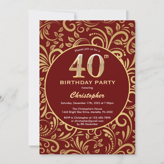 Invitation 40e anniversaire Bourgogne rouge et or modèle flor (Devant)
