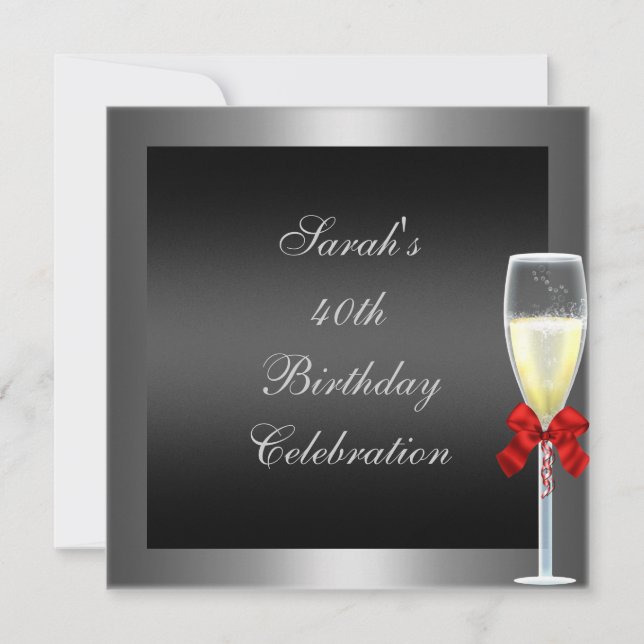 Invitation 40e anniversaire Bow rouge Champagne argent noir (Devant)