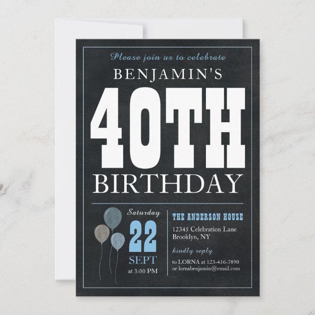 Invitation 40e anniversaire Chalkboard Blue Balloon Rustic Ch (Devant)