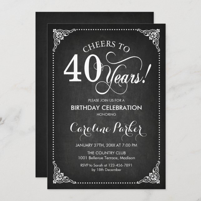 Invitation 40e anniversaire - Chalkboard White (Devant / Derrière)