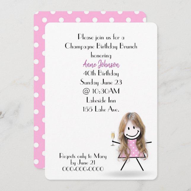 Invitation 40e anniversaire Champagne Brunch Stick Girl (Devant / Derrière)